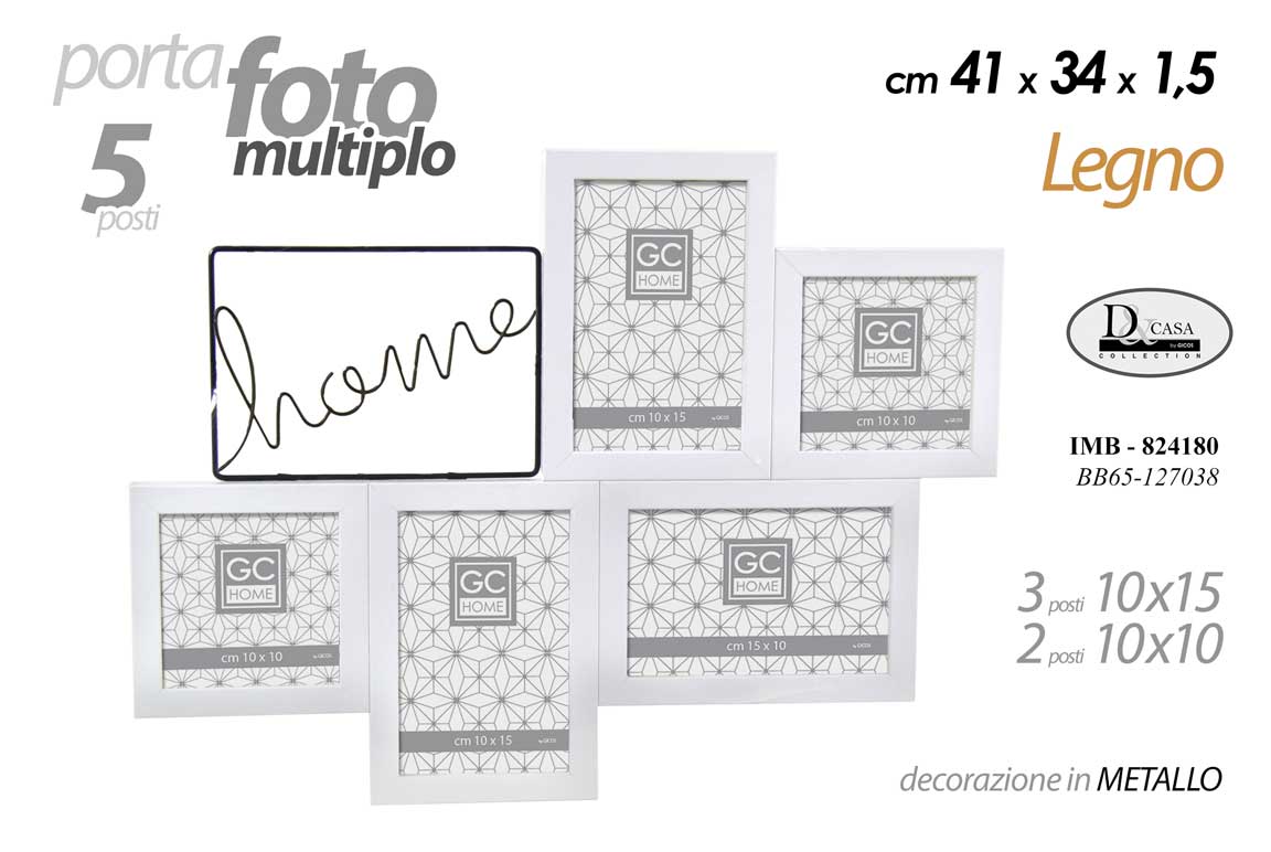 8025569824180 PORTAFOTO MULTIPLO DA PARETE CORNICE BIANCO HOME CASA NERO 5 FOTO LEGNO 34*41cm - immagine 1