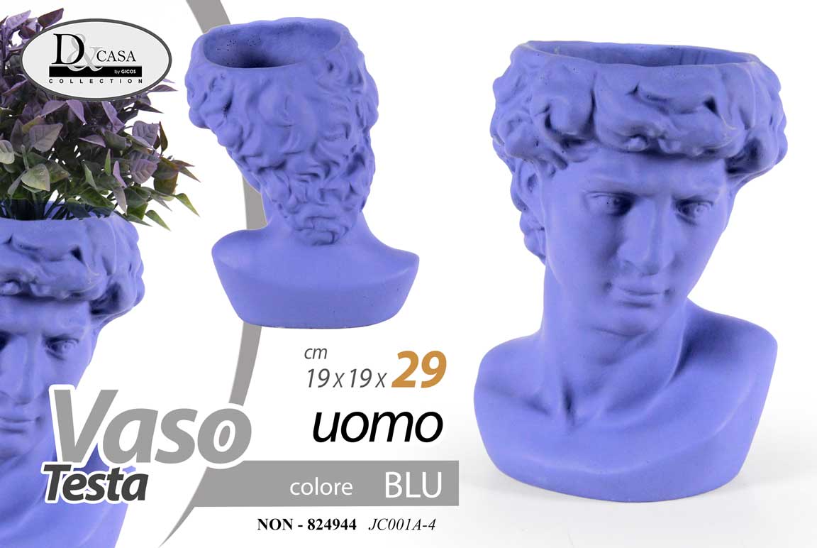 8025569824944 VASO TESTA UOMO DAVID PORTA PIANTE FIORI SOPRAMMOBILE VISO MODERNO BLU 29 CM - immagine 1