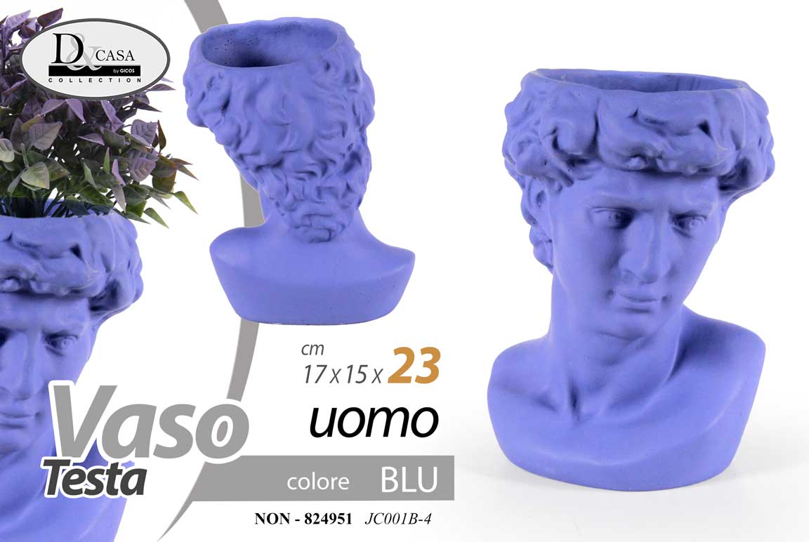 8025569824951 VASO PORTA PIANTE TESTA UOMO CACHEPOT GIOVANE FIORI CLASSICO MODERNO BLU 23*17cm - immagine 1