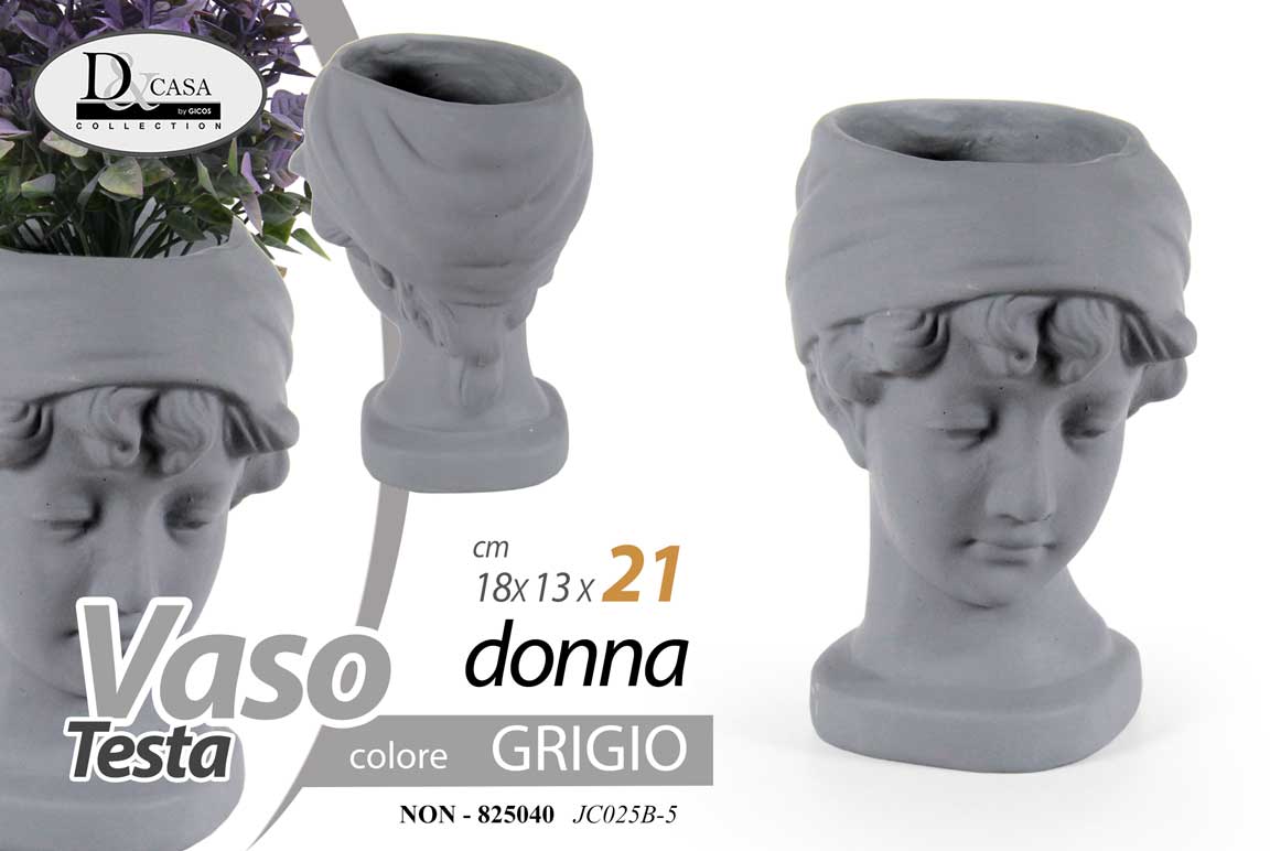 8025569825040 VASO TESTA DONNA CACHEPOT PIANTE FIORI CENTROTAVOLA CLASSICO MODERNO GRIGIO 21cm - immagine 1