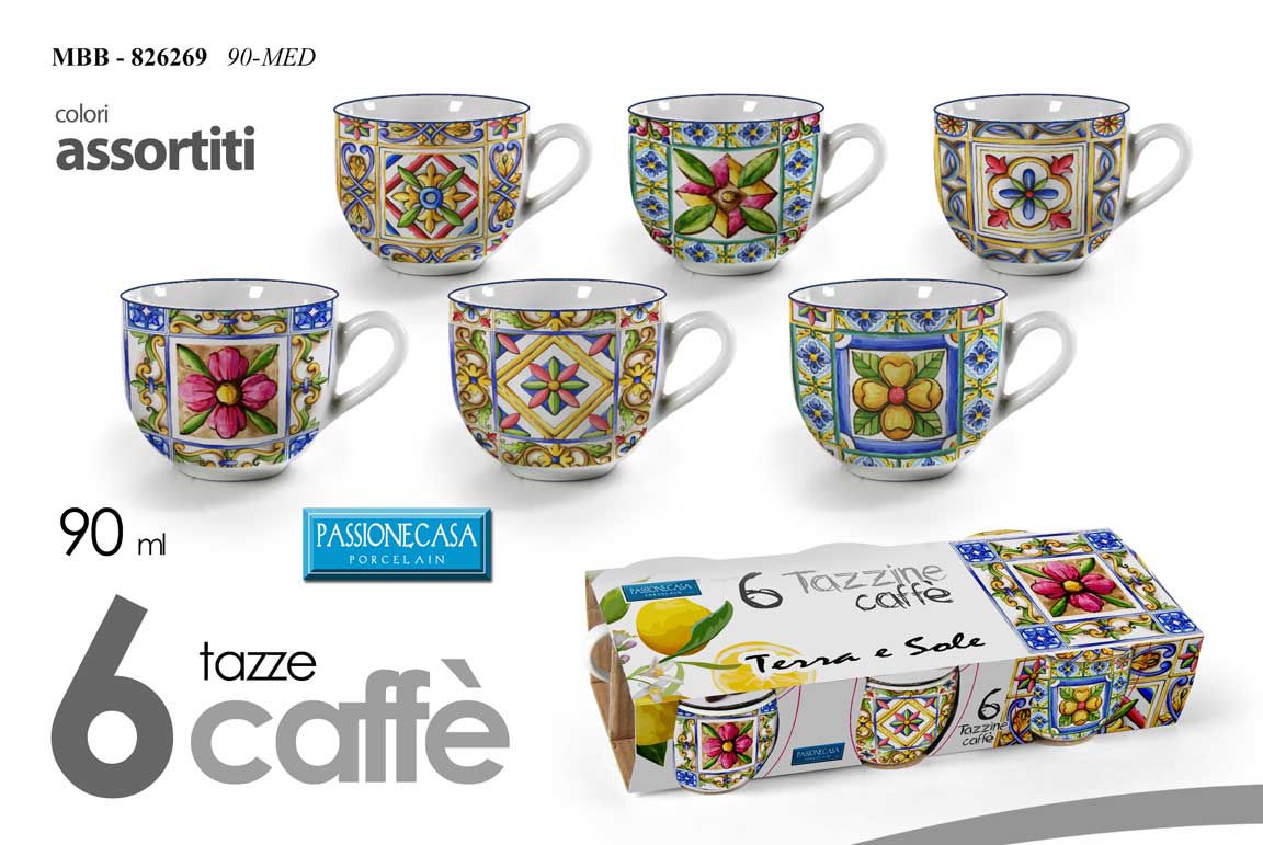 8025569826269 SET 6 TAZZINE Caffè TAZZA SERVIZIO CLASSICO MODERNO COLORATO MEDITERRANEO 90 ML - immagine 1