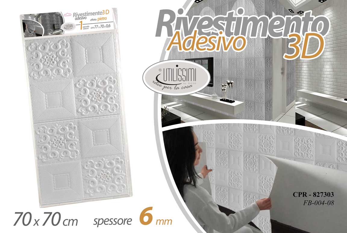 8025569827303 Pannello rivestimento muro decoro rilievo bianco adesivo 3d schiuma casa 70 cm - immagine 1