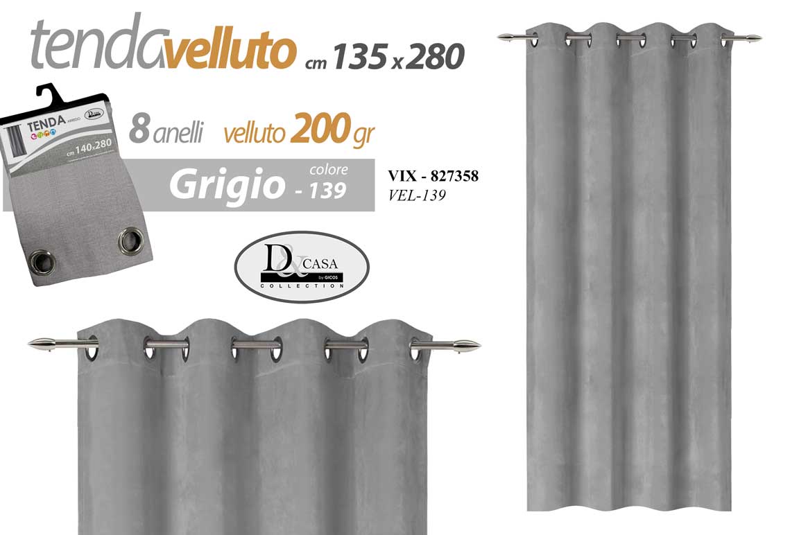 8025569827358 TENDA ARREDO Finestra Porta Interno AD ANELLI VELLUTO GRIGIO GREY 135*280 CM - immagine 1