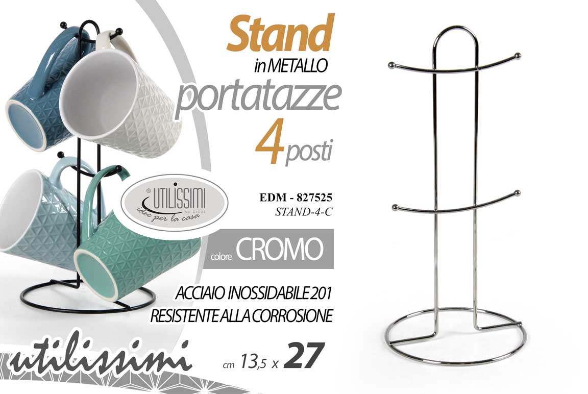 8025569827525 Porta tazze verticale 4 posti organizer salvaspazio metallo moderno cromo 27x13 - immagine 1