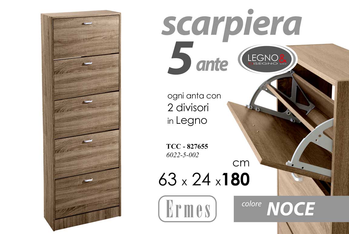 8025569827655 SCARPIERA SLIM 5 ANTE DOPPIA PROF SALVASPAZIO MODERNA ROVERE NOCE h180*63*24cm - immagine 1