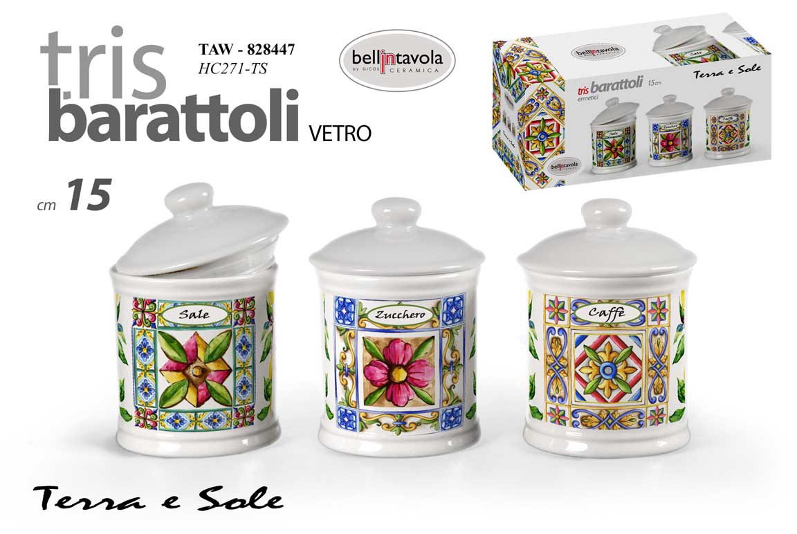 8025569828447 SET 3 Barattoli Sale Zucchero Caffè Tris CERAMICA Contenitore TERRA E SOLE 15CM - immagine 1