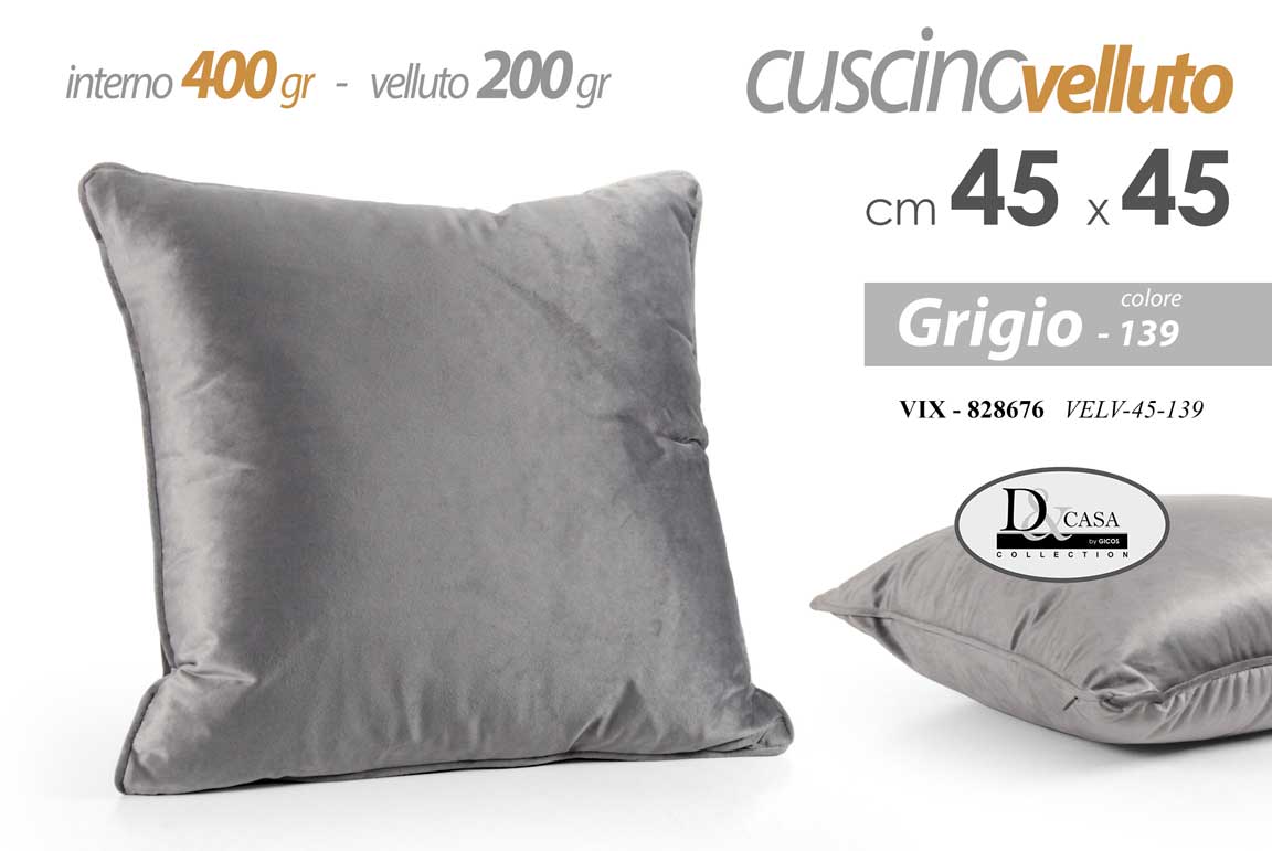 8025569828676 CUSCINO DIVATO TINTA UNITA VELLUTO GRIGIO IMBOTTITURA 400G 45*45CM - immagine 1