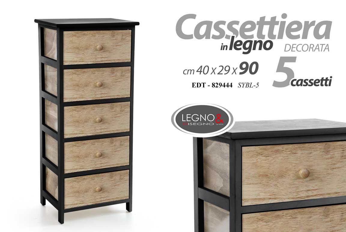 8025569829444 Cassettiera 5 CASSETTI CLASSICO Moderna MULTIUSO NERA 40*29*H90CM - immagine 1