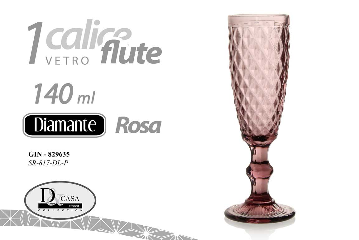 8025569829635 BICCHIERE FLUTE Spumante Champagne Calice VETRO shot DIAMANTE ROSA 20CM 140CC - immagine 1
