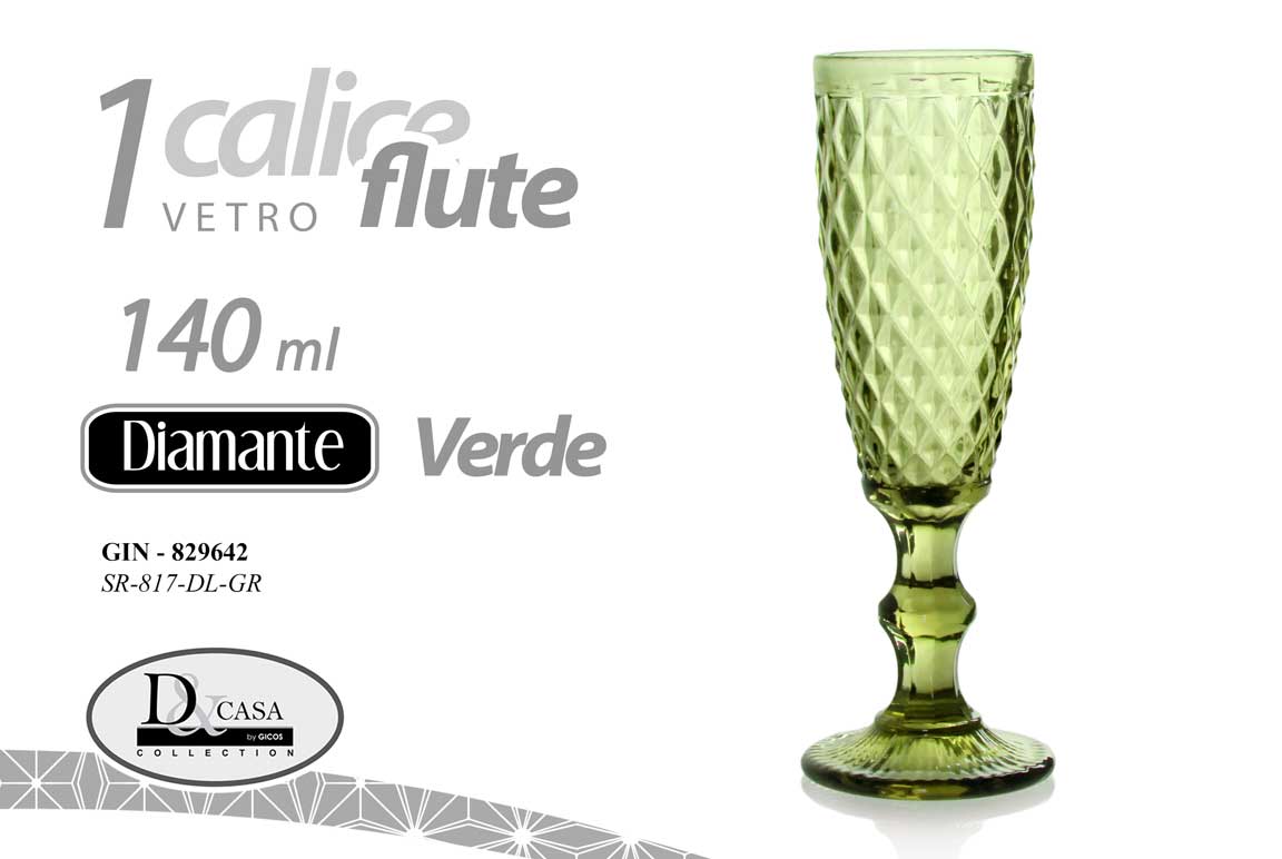 8025569829642 BICCHIERE FLUTE Spumante Champagne Calice VETRO shot DIAMANTE VERDE 20 CM 140 CC - immagine 1