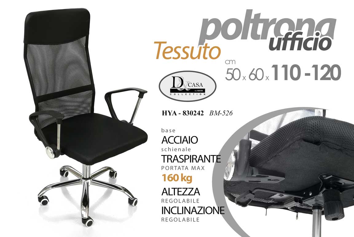 8025569830242 POLTRONA SEDIA ACCIAIO UFFICIO TESSUTO TRASPIRANTE Portata 160kg NERA 110-120CM - immagine 1