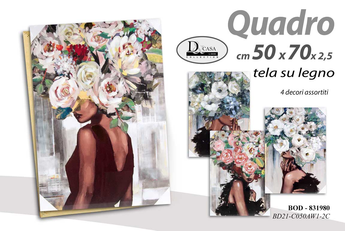 8025569831980 QUADRO STAMPA SU TELA Canvas LEGNO POSA Donna FIORI IN TESTA COLOR ASSOR 50*70cm - immagine 1