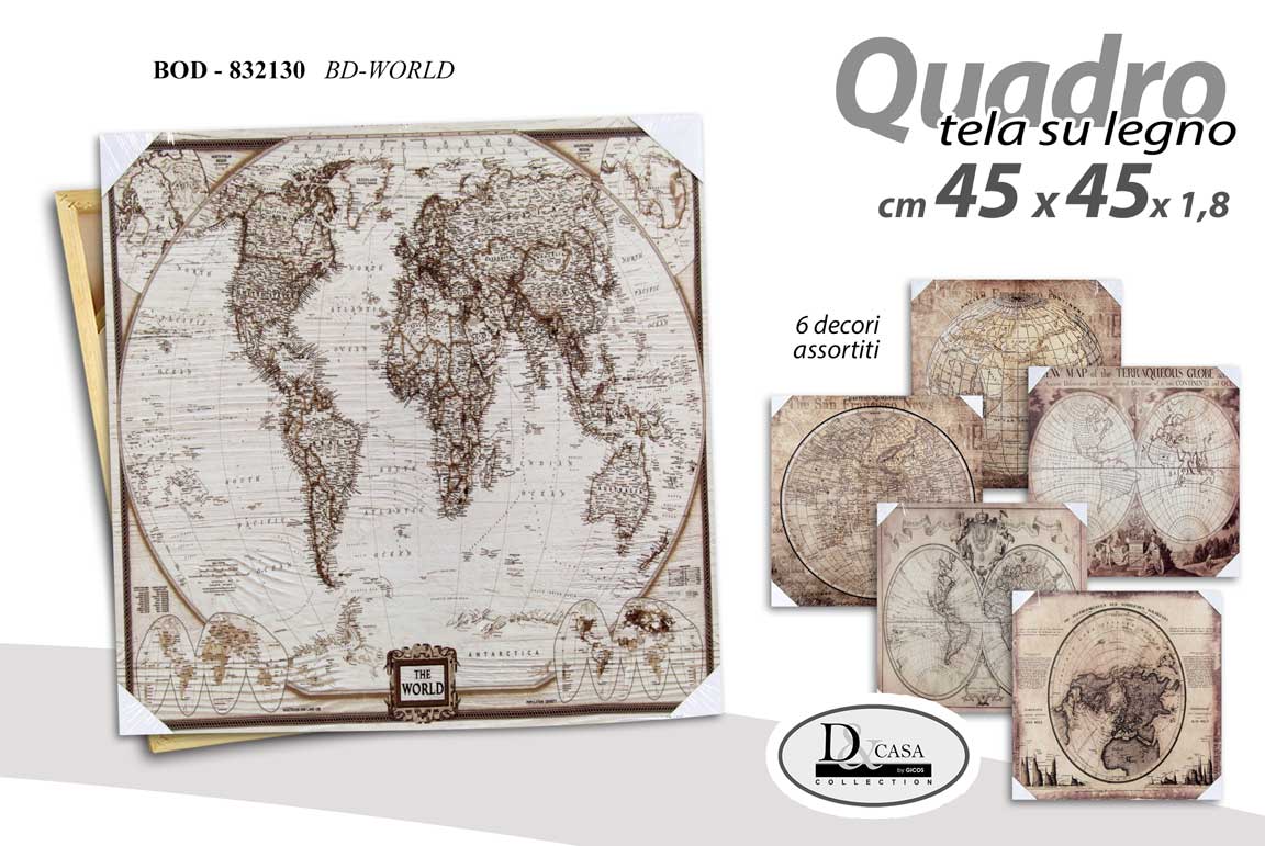 8025569832130 QUADRO PARETE MURO TELA SU LEGNO MAPPE ANTICHE CARTINE MONDO ASSORTI 45*45*1,8 - immagine 1