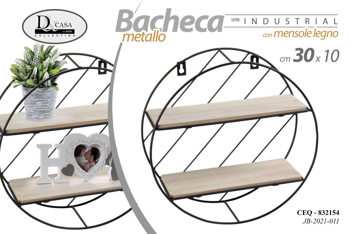 8025569832154 BACHECA TONDA ROTONDA MENSOLA PARETE MURO METALLO NERO LEGNO SCAFFALE 30*10cm - immagine 1