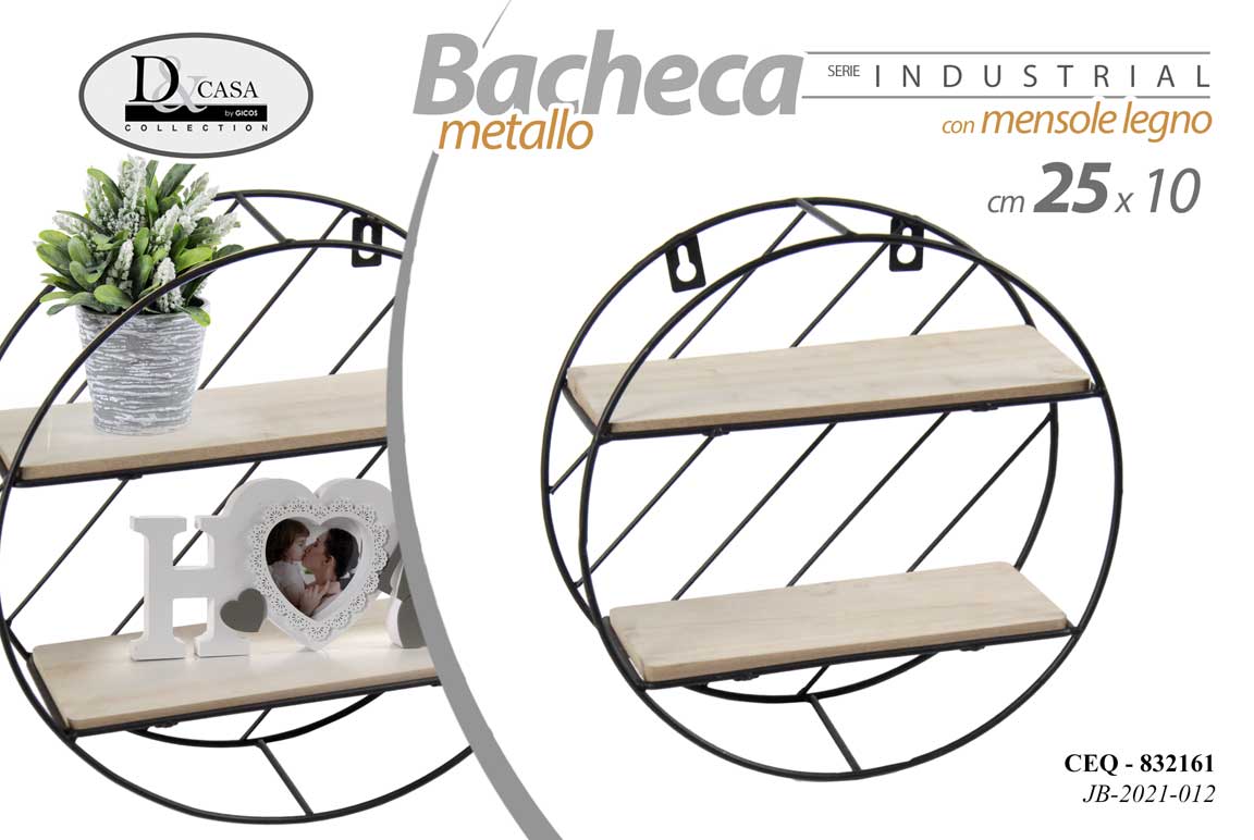 8025569832161 BACHECA TONDA ROTONDA MENSOLA PARETE MURO METALLO NERO LEGNO SCAFFALE 25*10cm - immagine 1