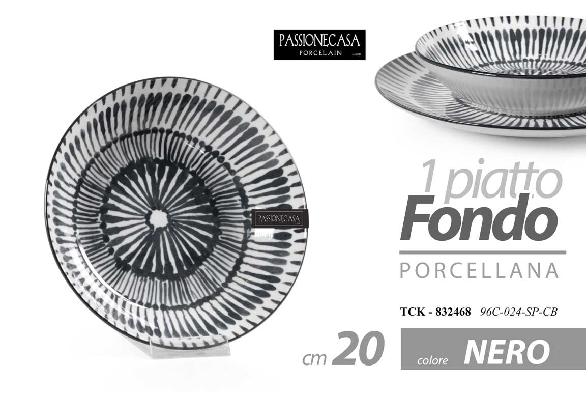 8025569832468 Piatto fondo tondo portata porcellana moderno nero elegante servizio tavola 20cm - immagine 1