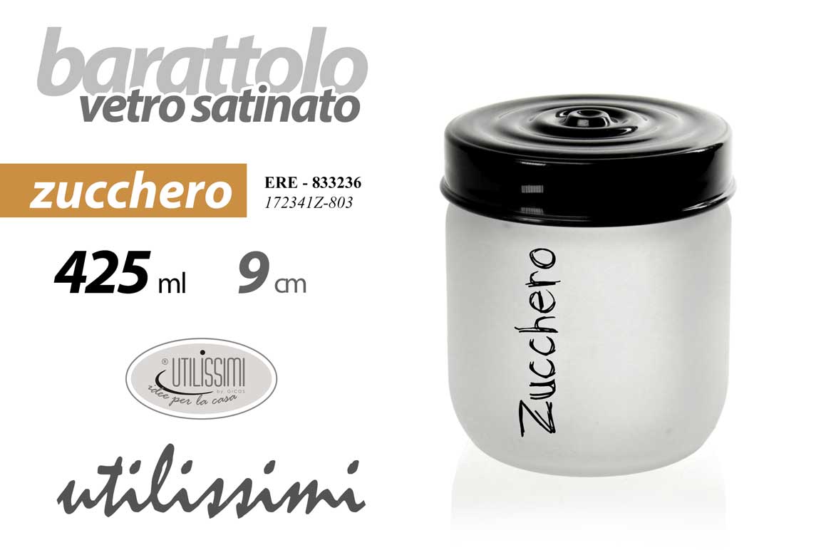 8025569833236 BARATTOLO ZUCCHERO Contenitori Vetro SATINATO MODERNO COPERCHIO NERO 425 ML 9CM - immagine 1