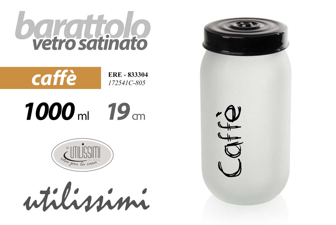8025569833304 BARATTOLO CAFFè Contenitore Vetro SATINATO MODERNO COPERCHIO NERO 1 LIT 19 cm - immagine 1