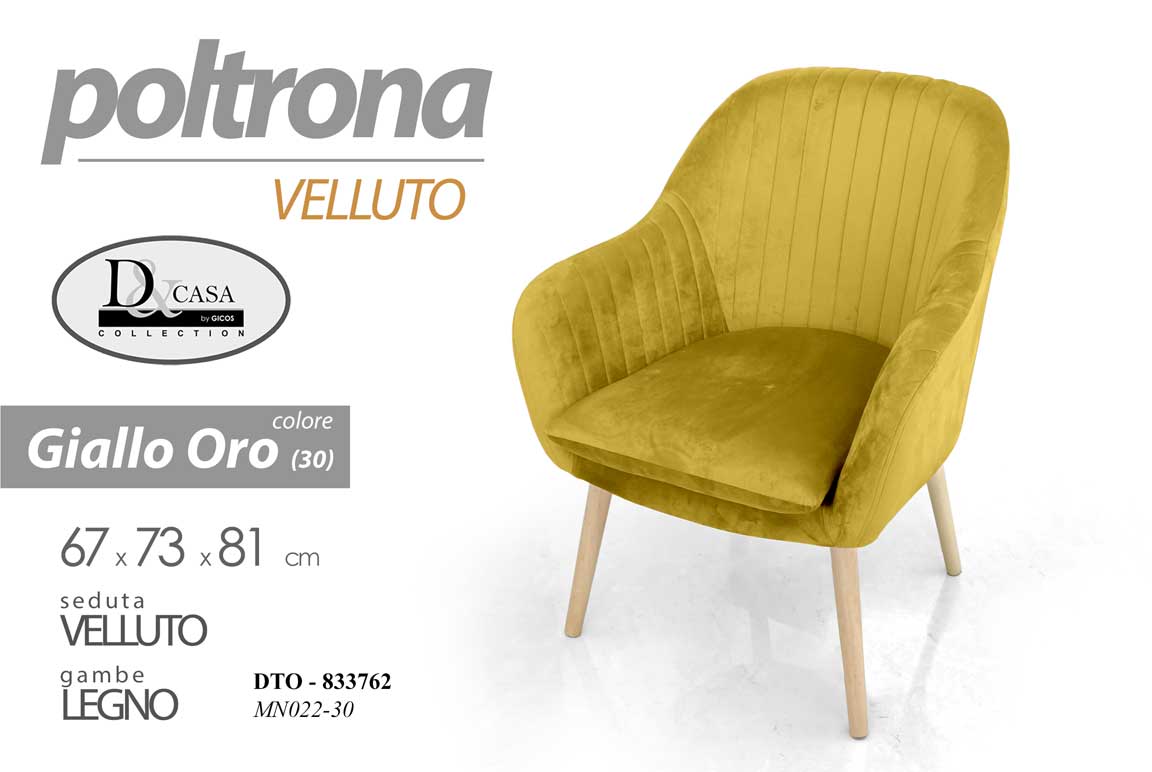 8025569833762 POLTRONA SEDIA VELLUTO GIALLO ORO IMBOTTITA PIEDI LEGNO CLASSICA MODERNA 81cm - immagine 1
