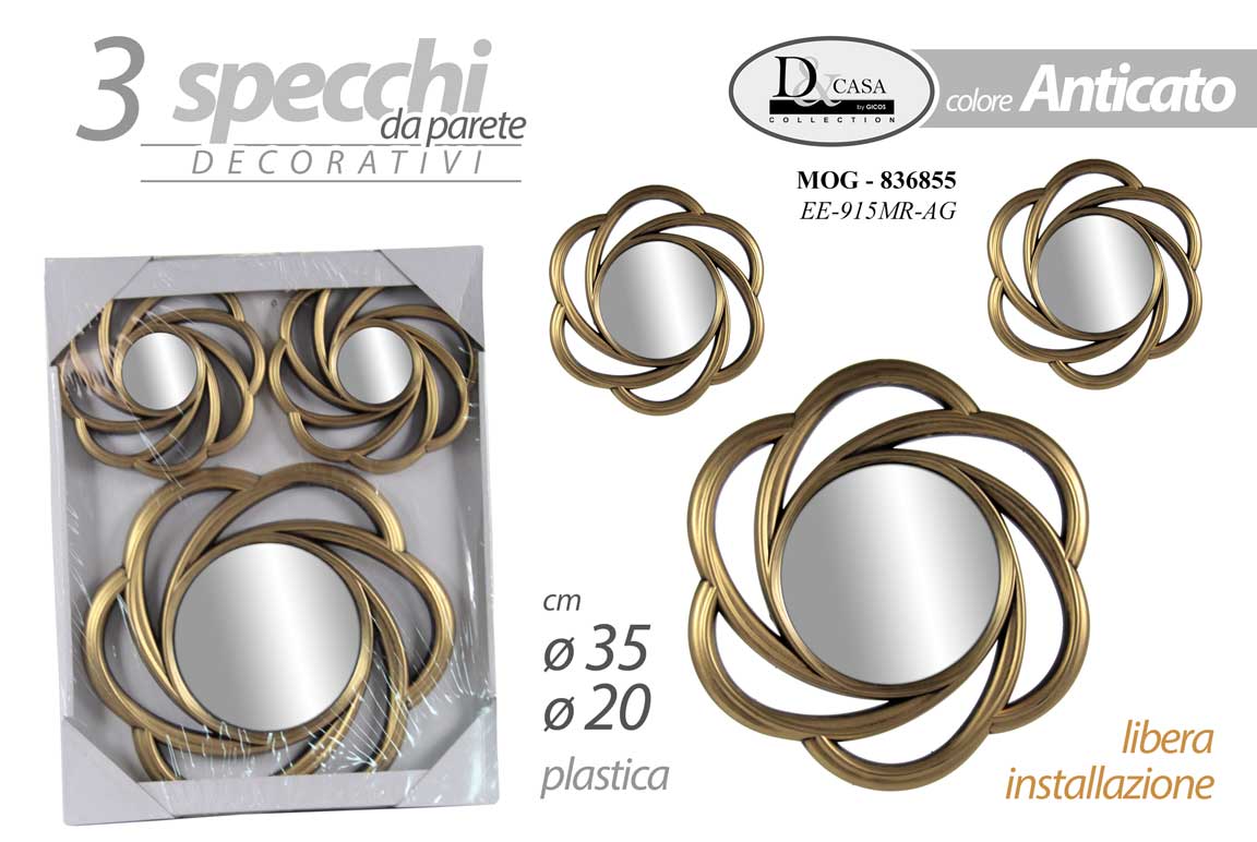 8025569836855 SET 3 SPECCHI PARETE DECORATIVI ORO ANTI SPECCHIO LIBERA INSTALLAZIONE 20-35cm - immagine 1