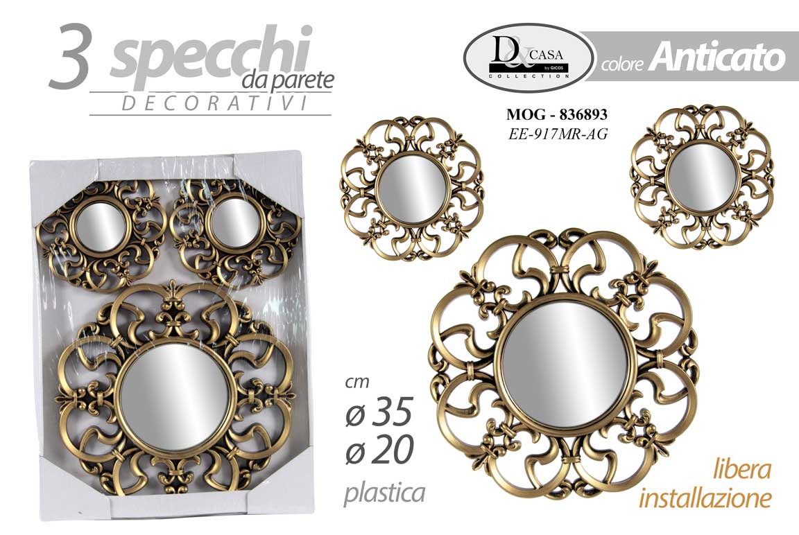 8025569836893 SET 3 SPECCHI PARETE DECORATIVI ORO BRONZO SPECCHIO LIBERA INSTALLAZIONE 20-35cm - immagine 1