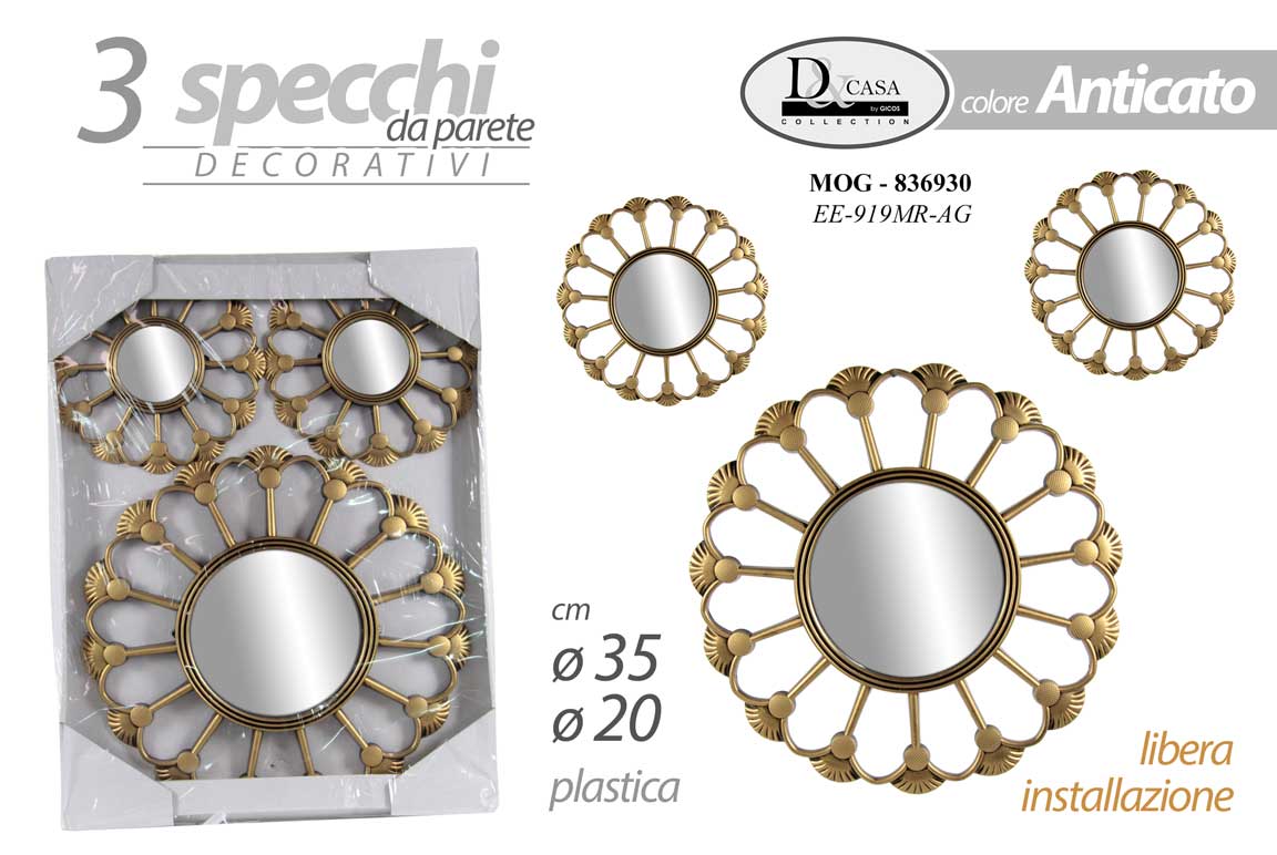 8025569836930 SET 3 SPECCHI PARETE DECORATIVI ORO ANTICO SPECCHIO LIBERA INSTALLAZIONE 20-35cm - immagine 1