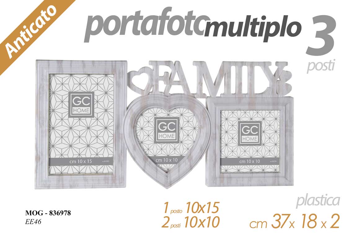 8025569836978 PORTAFOTO MULTIPLO DA PARETE BIANCO ANTICATO FAMILY CUORE CORNICE 3 FOTO 37*18 - immagine 1