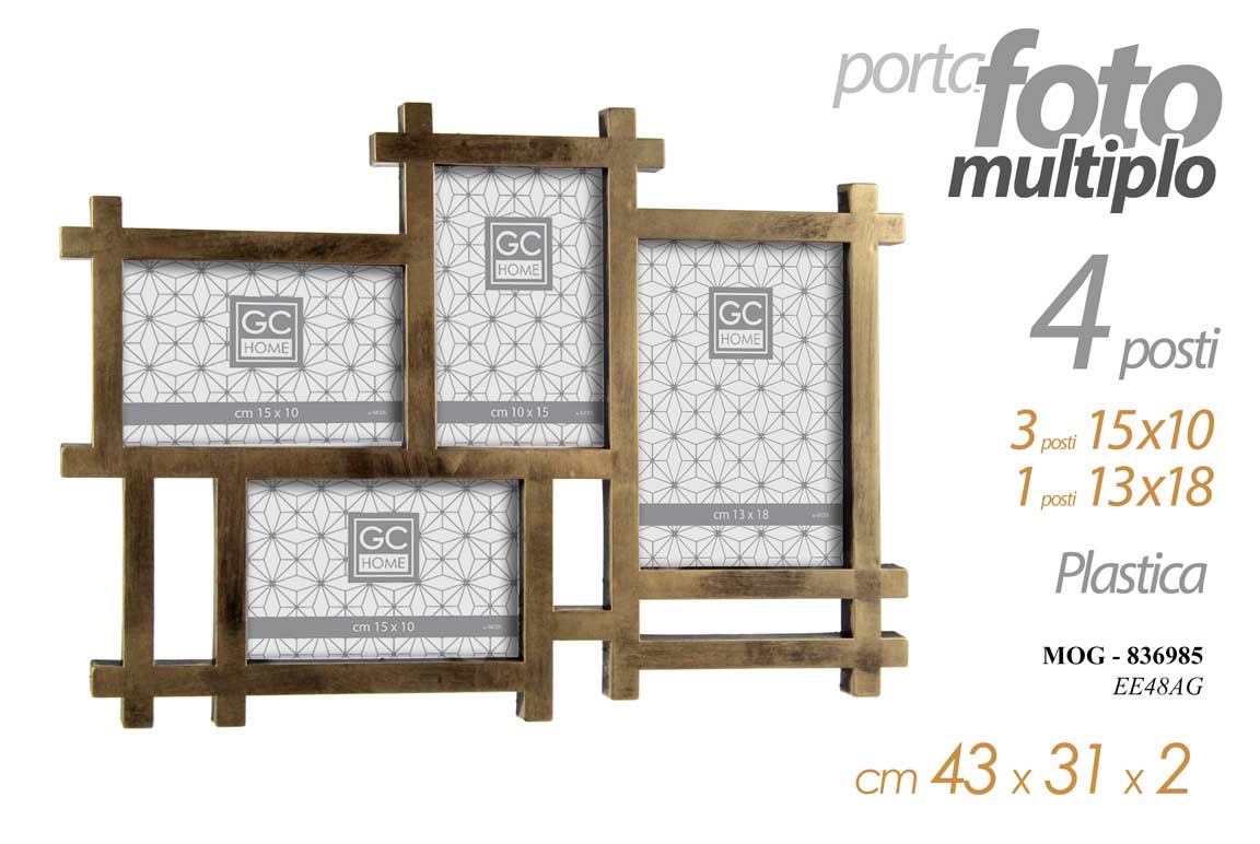 8025569836985 PORTAFOTO MULTIPLO DA PARETE CORNICE ANTICATA BRONZO ORO 4 FOTO PLAST 43*31 CM - immagine 1