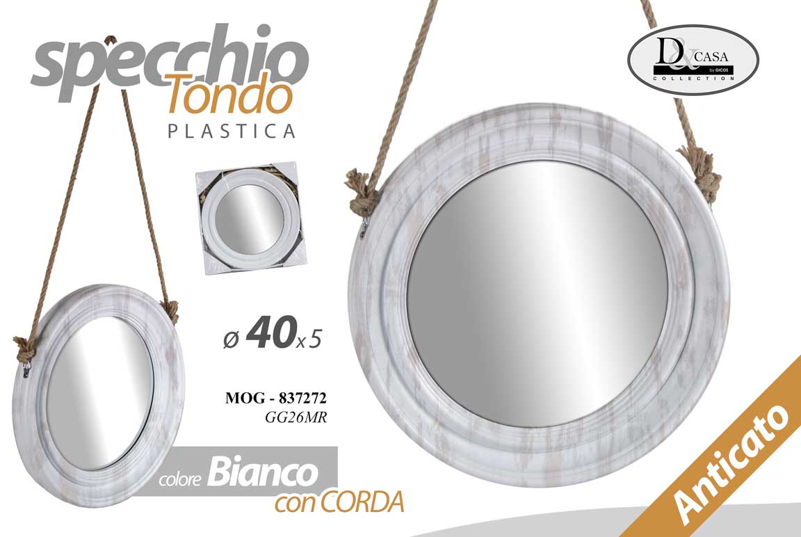8025569837272 SPECCHIO 40 CM CORDA BIANCO SPECCHIERA PARETE APPESO MURO APPESO TONDO MODERNO - immagine 1