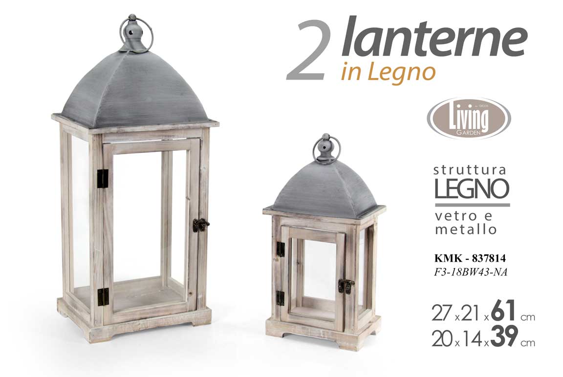 8025569837814 SET 2 LANTERNE PORTACANDELA LANTERNA LEGNO ANTIC CASA EVENTI GIARDINO 61 e 39 cm - immagine 1