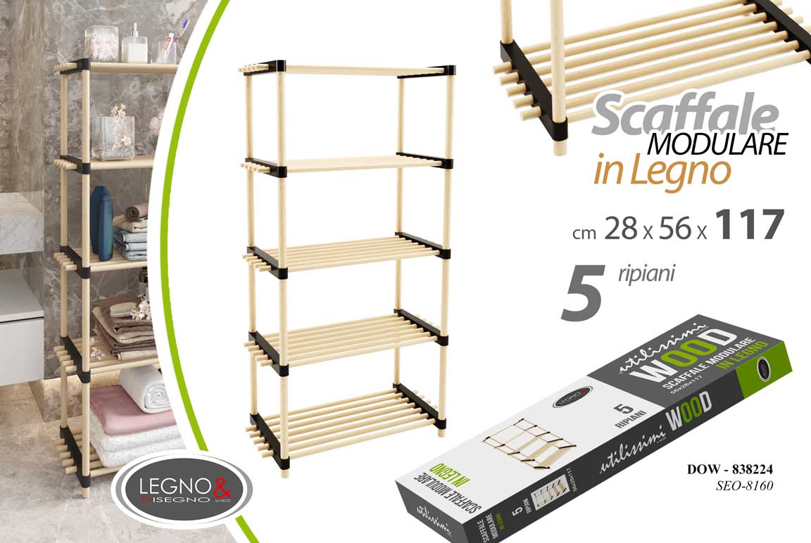 8025569838224 SCAFFALE MODULARE 5 RIPIANI LEGNO CUCINA BAGNO INGRESSO MODERNO 117*28*56 cm - immagine 1