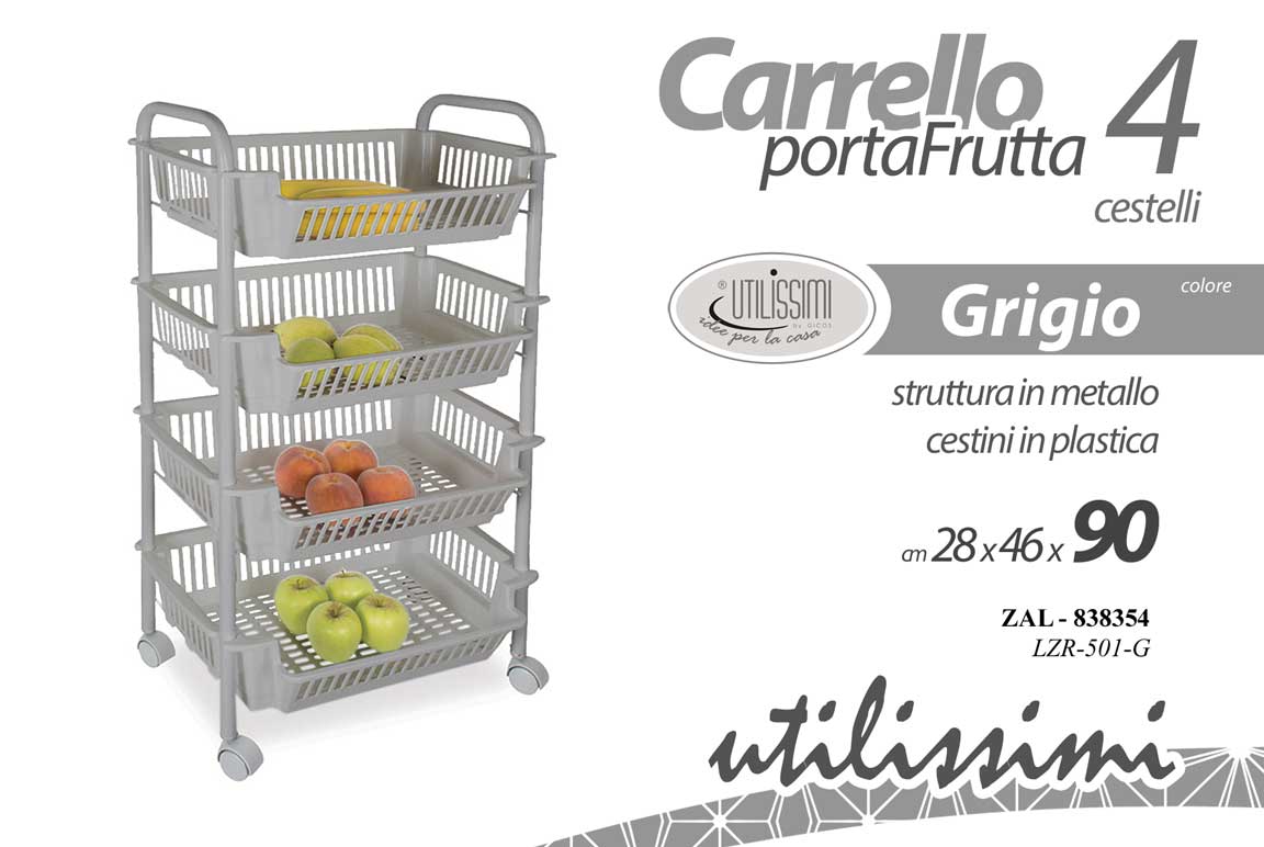 8025569838354 CARRELLO CUCINA PORTA FRUTTA METALLO 4 CESTE PLAST CON RUOTE GRIGIO 90*28*46 cm - immagine 1