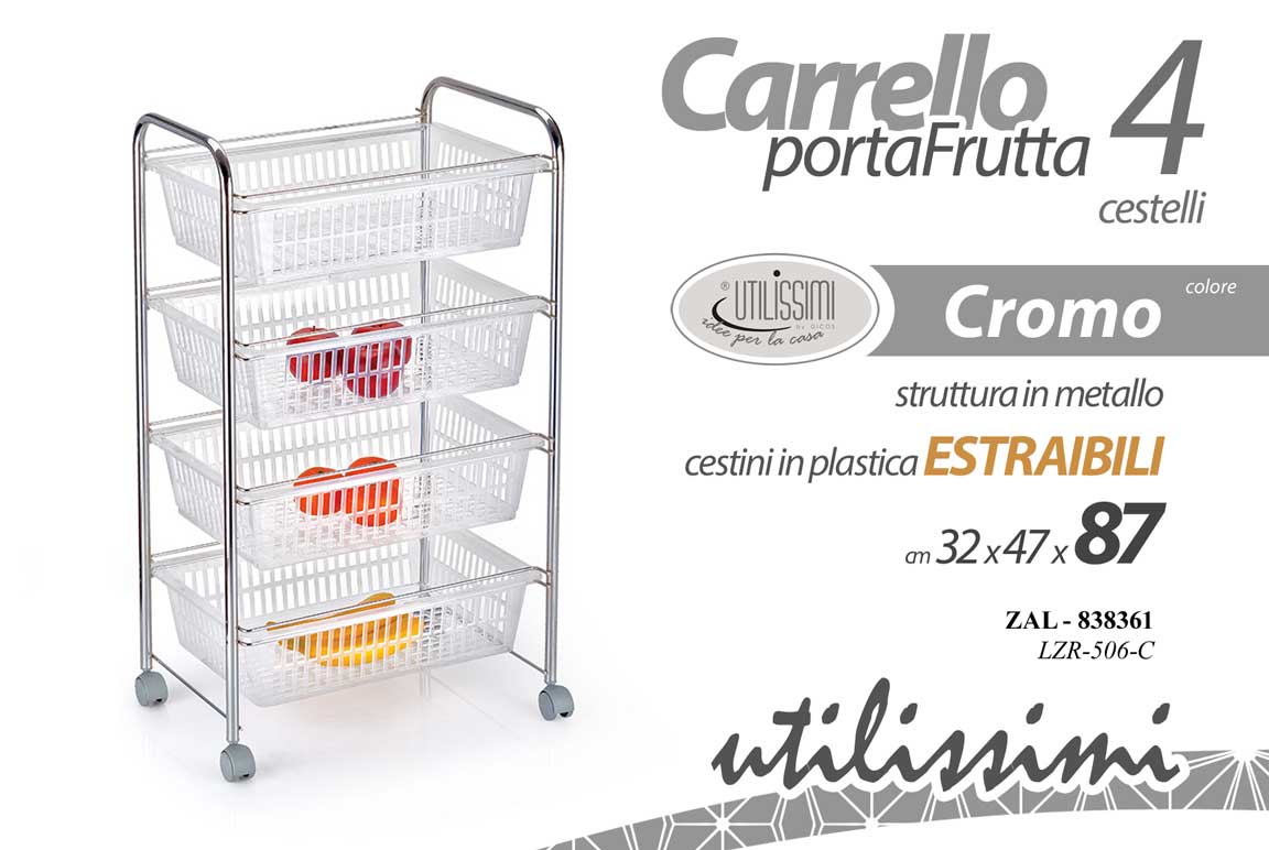 8025569838361 CARRELLO METALLO CUCINA PORTA FRUTTA 4 CESTE ESTRAIBILI ROBUSTO RUOTE C 87*32*47 - immagine 1
