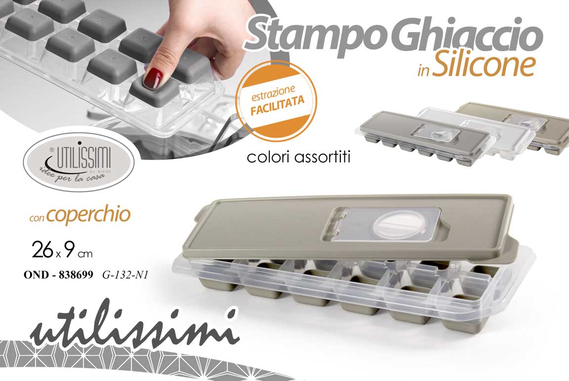 8025569838699 Stampo Ghiaccio Silicone Vaschetta Contenitore Cubetti + Coperchio Tappo 26*9 cm - immagine 1
