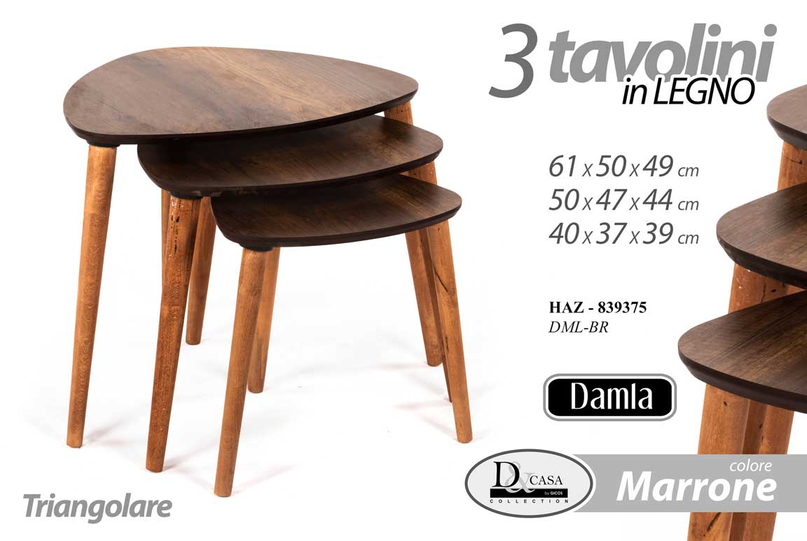 8025569839375 SET TRIS TAVOLINI TAVOLO MARRONE VENATO PIEDI LEGNO SALOTTO MODERNO Ø61-50-40 - immagine 1
