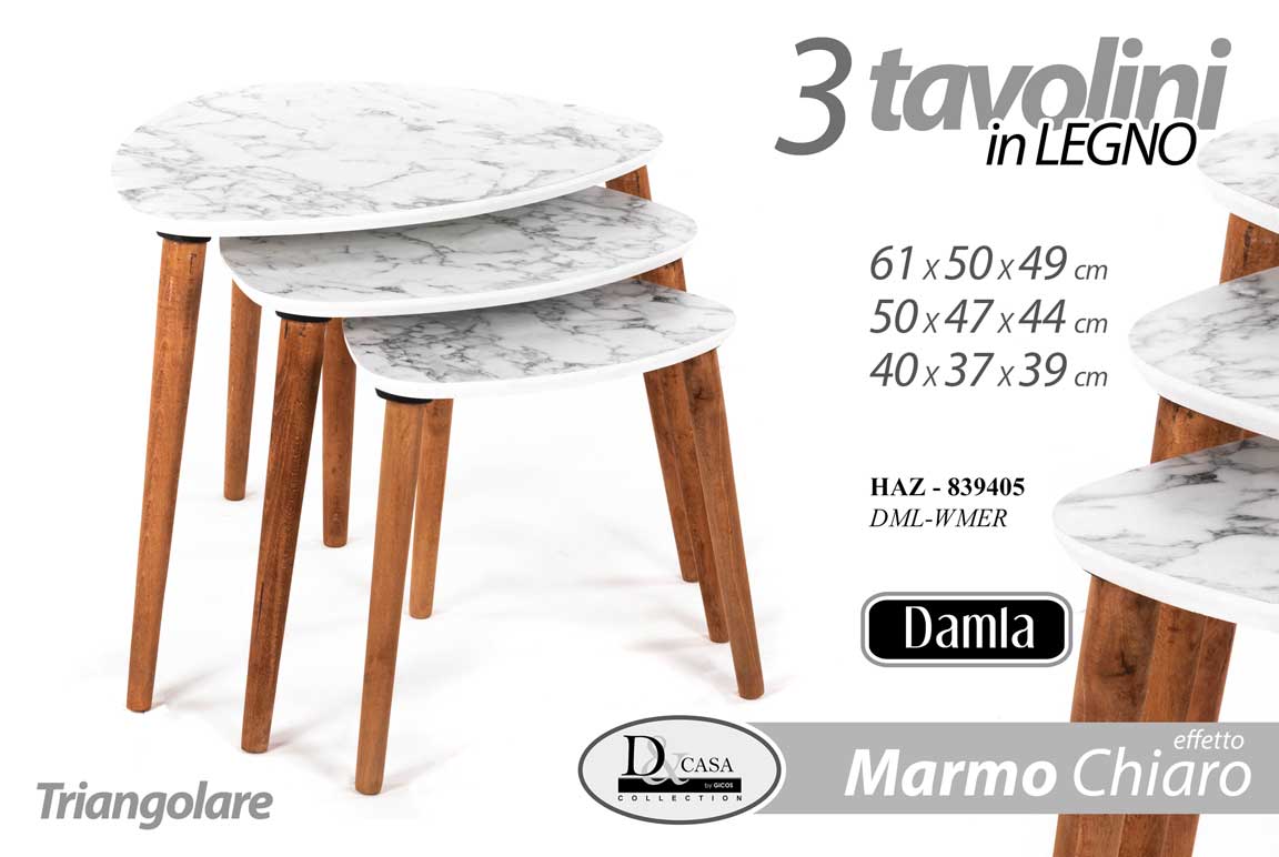 8025569839405 SET TRIS TAVOLINI TAVOLO EFFETTO MARMO BIA PIEDI LEGNO SALOTTO MODERNO Ø61-50-40 - immagine 1