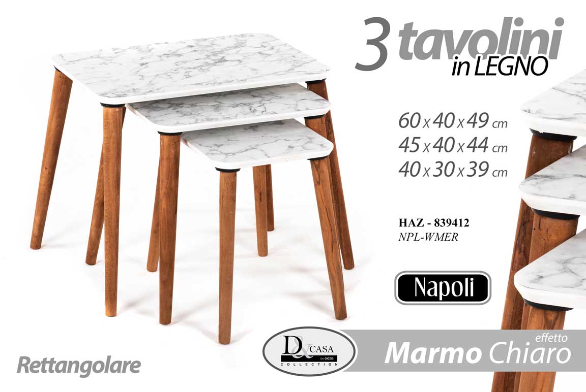 8025569839412 SET TRIS TAVOLINI TAVOLO EFFETTO MARMO PIEDI LEGNO SALOTTO QU MODERNO Ø60-45-40 - immagine 1