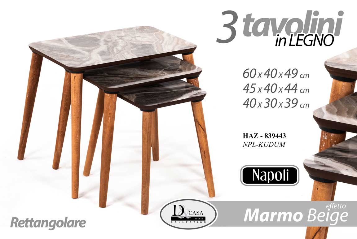 8025569839443 SET TRIS TAVOLINI TAVOLO EFFETTO MARMO PIEDI LEGNO SALOTTO B MODERNO Ø60-45-40 - immagine 1