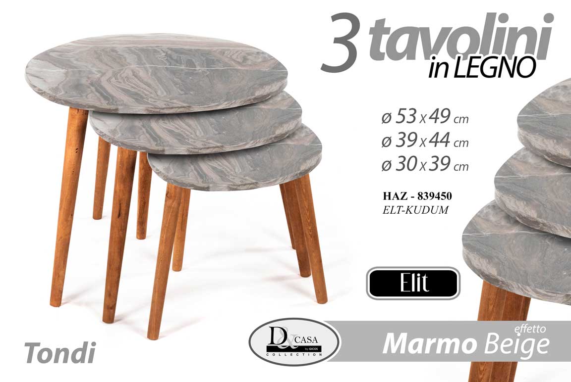 8025569839450 SET TRIS TAVOLINI TAVOLO EFFETTO MARMO PIEDI LEGNO SALOTTO MODERNO Ø53-39-30 - immagine 1