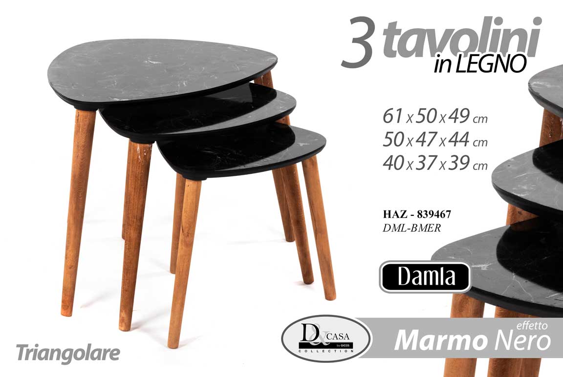 8025569839467 SET TRIS TAVOLINI TAVOLO EFFETTO MARMO PIEDI LEGNO SALOTTO MODERNO Ø61-50-40 - immagine 1