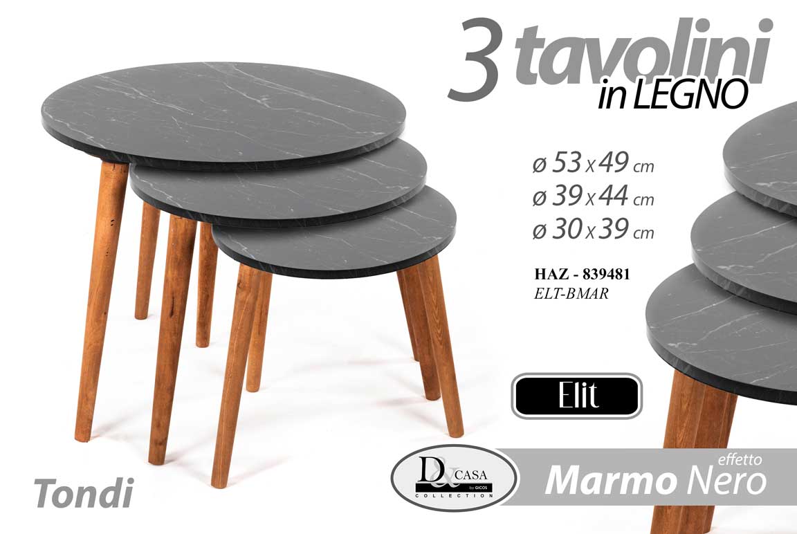 8025569839481 SET TRIS TAVOLINI TAVOLO EFFETTO MARMO NE PIEDI LEGNO SALOTTO MODERNO Ø53-39-30 - immagine 1
