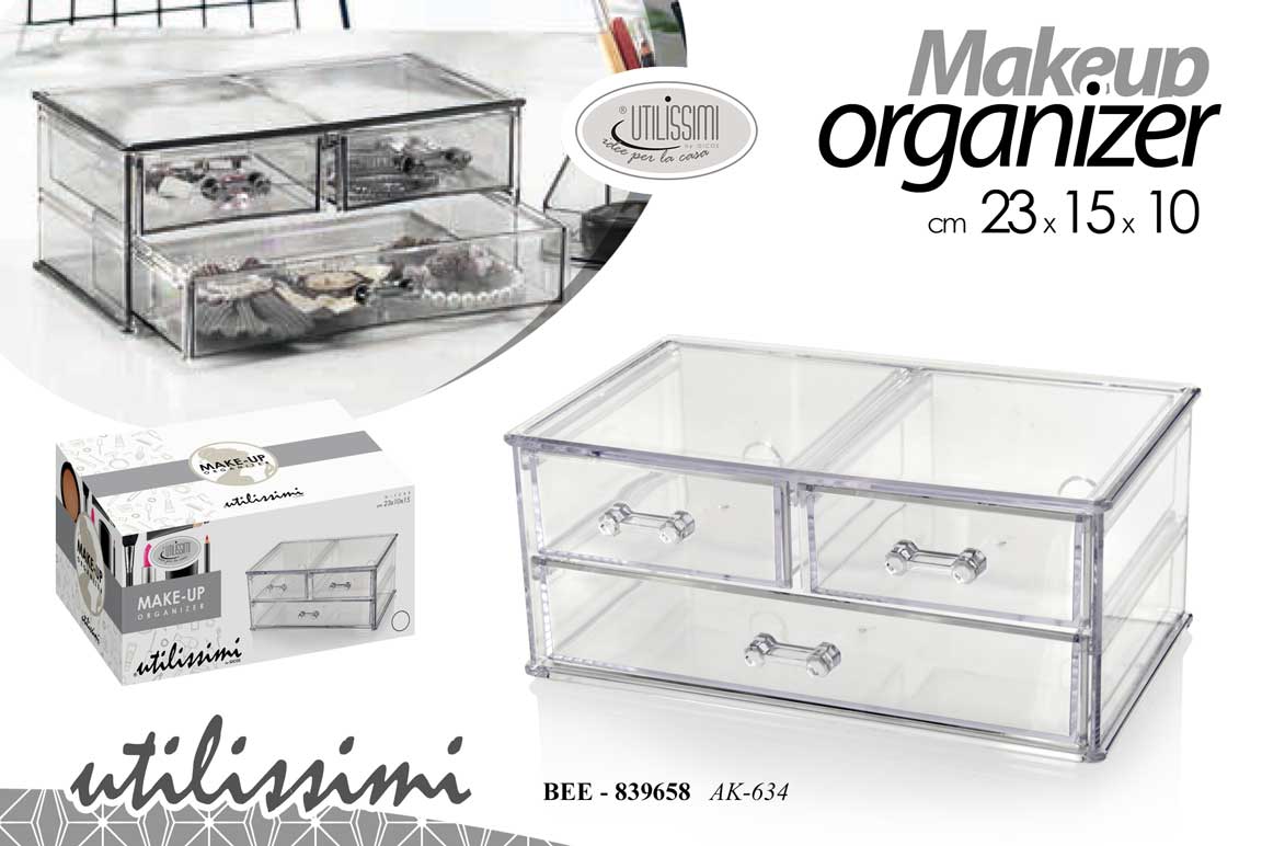 8025569839658 Organizer makeup 3 cassetti porta trucchi gioielli bijoux acrilico ass 23x15 cm - immagine 1