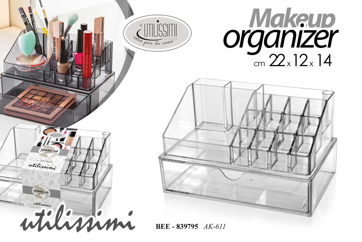 8025569839795 Organizer makeup con cassetto porta trucchi pennelli rossetti acrilico ass 22x14 cm - immagine 1