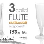 3 CALICI FLUTE RIGIDI Spumante Champagne FESTE PARTY RIUTILIZZABILI 150ML 16CM
