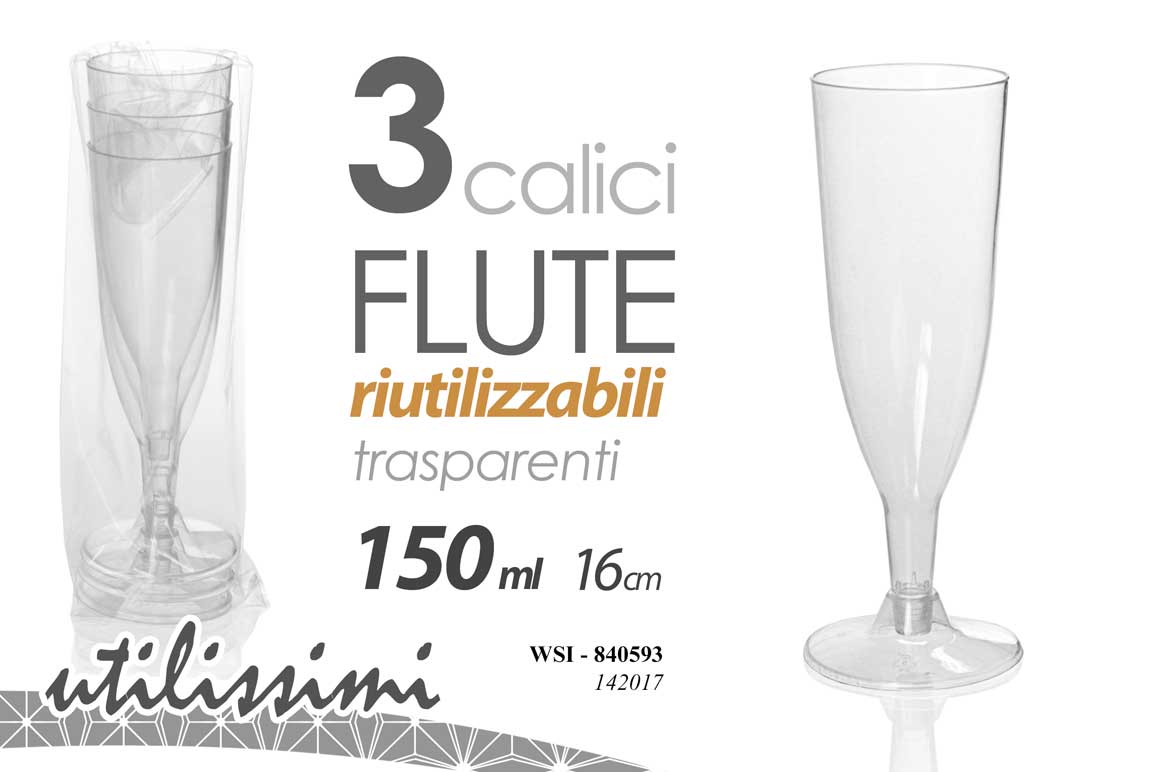 8025569840593 3 CALICI FLUTE RIGIDI Spumante Champagne FESTE PARTY RIUTILIZZABILI 150ML 16CM - immagine 1