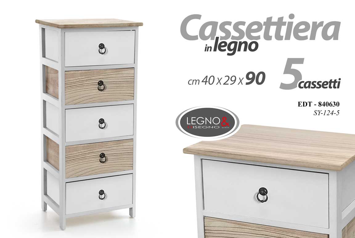 8025569840630 CASSETTIERA 5 CASSETTI COMODINO LEGNO MODERNO BIANCO ROVERE 90*40*29 CM - immagine 1
