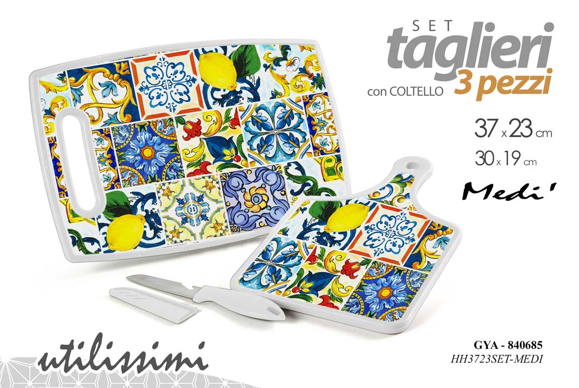 8025569840685 Set 2 taglieri cucina + coltello cuori verdura carne salvaspazio acrilic limoni - immagine 1