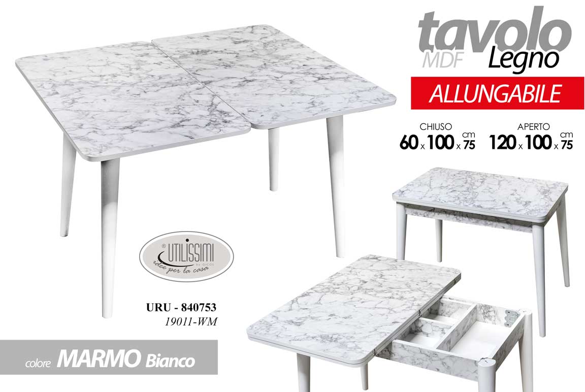 8025569840753 TAVOLO ALLUNGABILE BIANCO MARMO LEGNO MDF SALVASPAZIO TAVOLINO 60/120*100*h75 cm - immagine 1