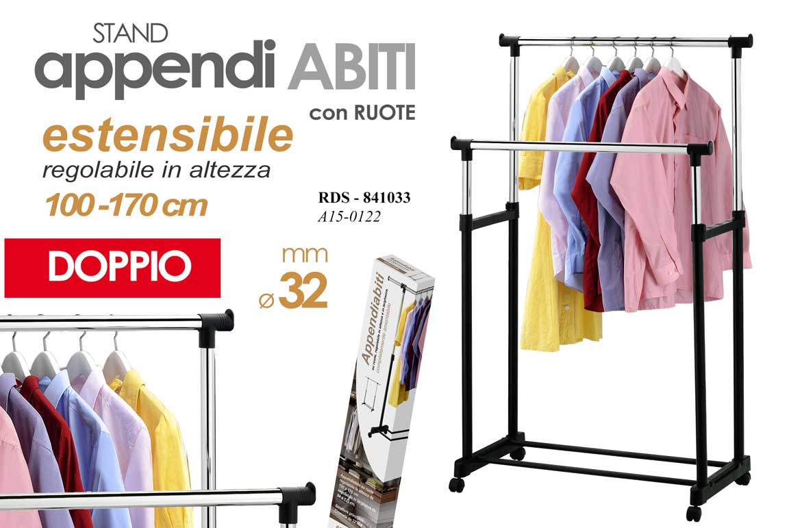 8025569841033 DOPPIO STAND APPENDIABITI ESTENSIBILE RUOTE SALVASPAZIO STENDER Ø32 MM 170-100cm - immagine 1