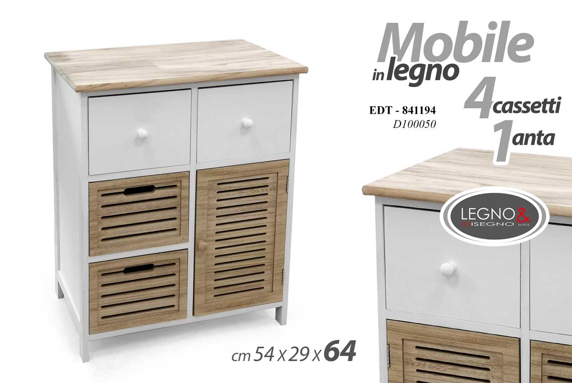 8025569841194 MOBILETTO CUCINA BAGNO COMODINO ANTA CASSETTI BIANCO MARRONE 54*29*H64CM - immagine 1